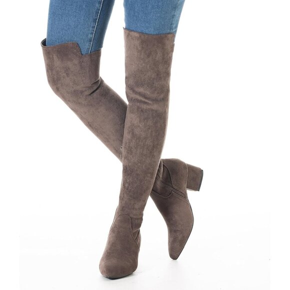 Women Chocolate 2Inch Faux Suede Over The Knee Thigh High Low Block Heel Boot - Picture 6 of 6